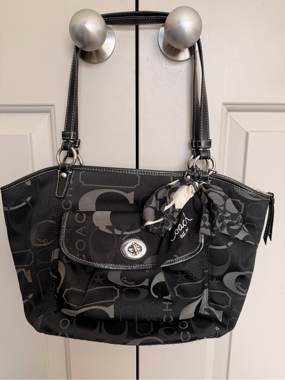 Coach Black Signature Canvas Shoulder Tote with Scarf Accent